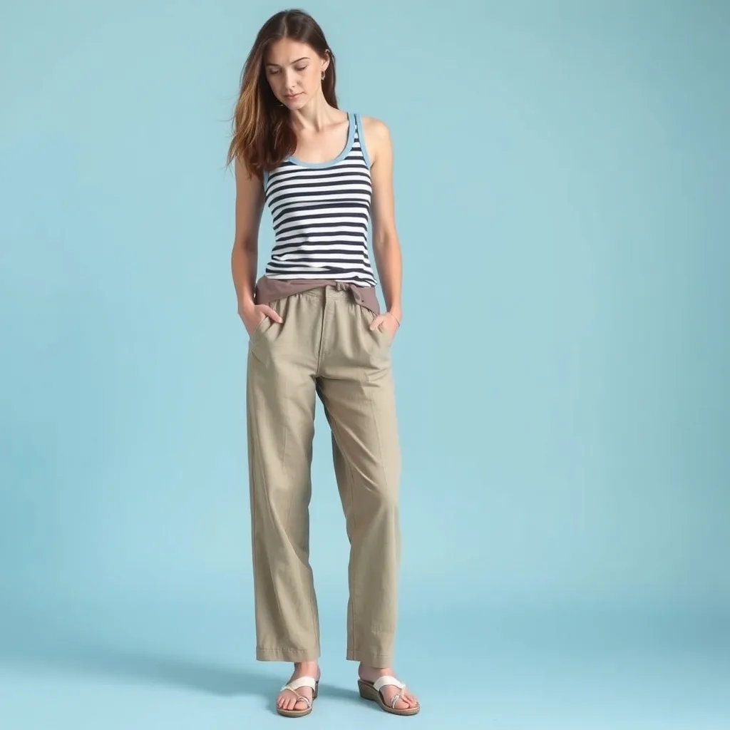A person wears a custom bleached tank top with sharp horizontal stripes created by masking. They are paired with beige linen trousers. The aesthetic is clean and minimalist, suitable for warm weather outings or casual office environments.