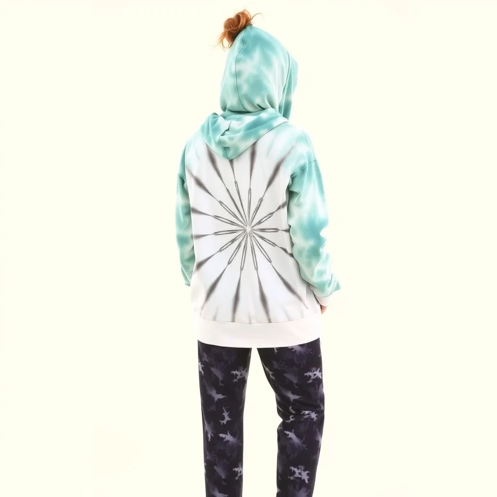 A person wears a dark grey hoodie featuring a prominent sunburst bleach effect at the center. They are styled with black leggings and athletic shoes. The design creates a bold focal point on the garment, suitable for active or casual street wear.