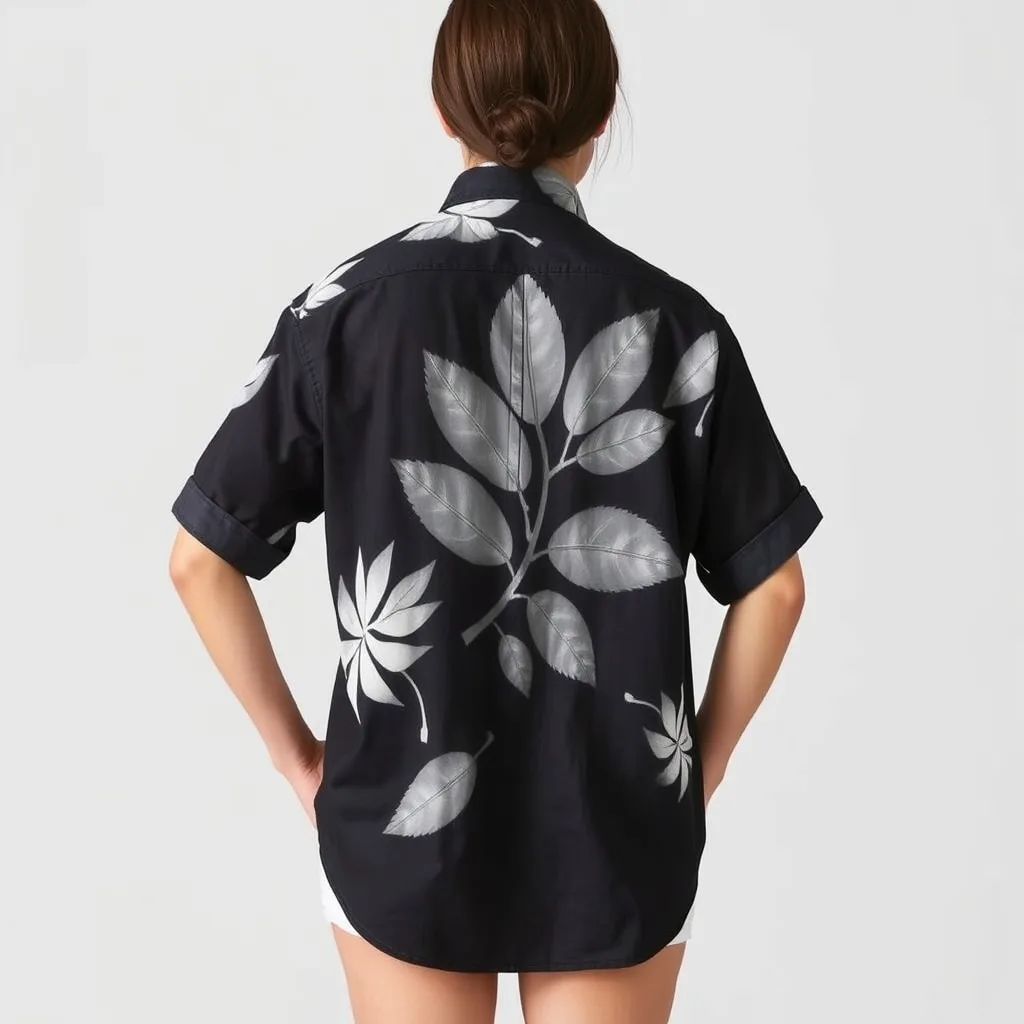 A person wears a dark green button down shirt decorated with leaf shaped negative space patterns. They are styled with tan chinos. The look is inspired by nature and works well for outdoor events or casual social settings.