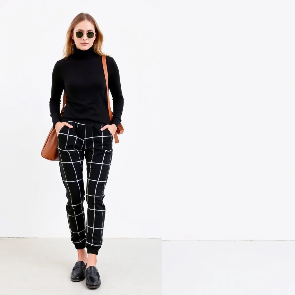 A person wears grey sweatpants customized with a delicate white geometric grid pattern. They are styled with a black turtleneck and loafers, showcasing a comfortable yet curated approach to loungewear.