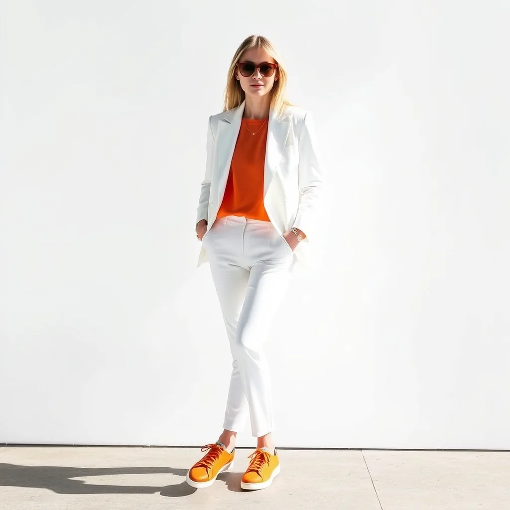A person is dressed in a crisp white blazer and matching trousers, finished with eye catching orange sneakers. The all white suit provides a dramatic backdrop for the vibrant footwear. The modern architectural setting complements the sharp and clean lines of the outfit.