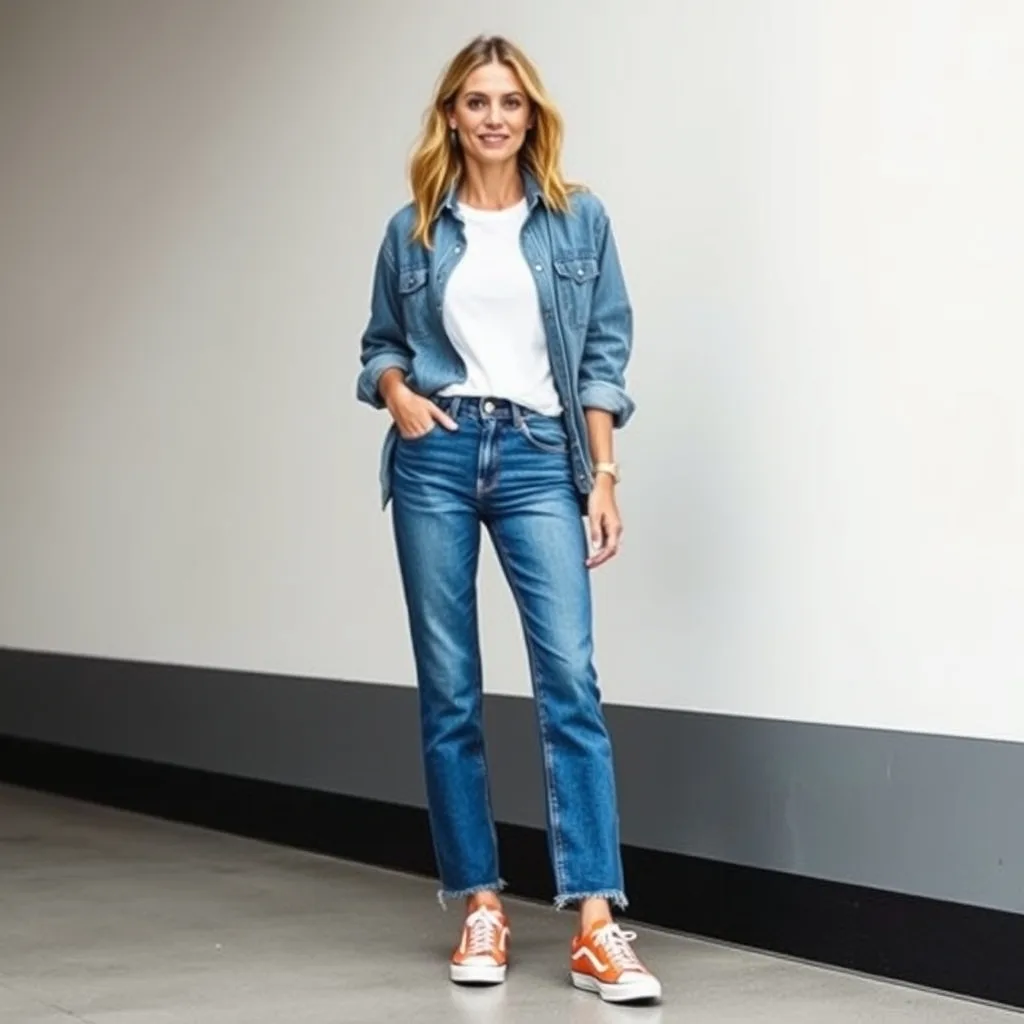 A person is dressed in classic straight leg blue denim jeans and a plain white t shirt, layered with an open chambray shirt. Their orange sneakers add a vibrant touch to the otherwise traditional outfit. The background is a soft focus park setting, highlighting the everyday wearability of the look.