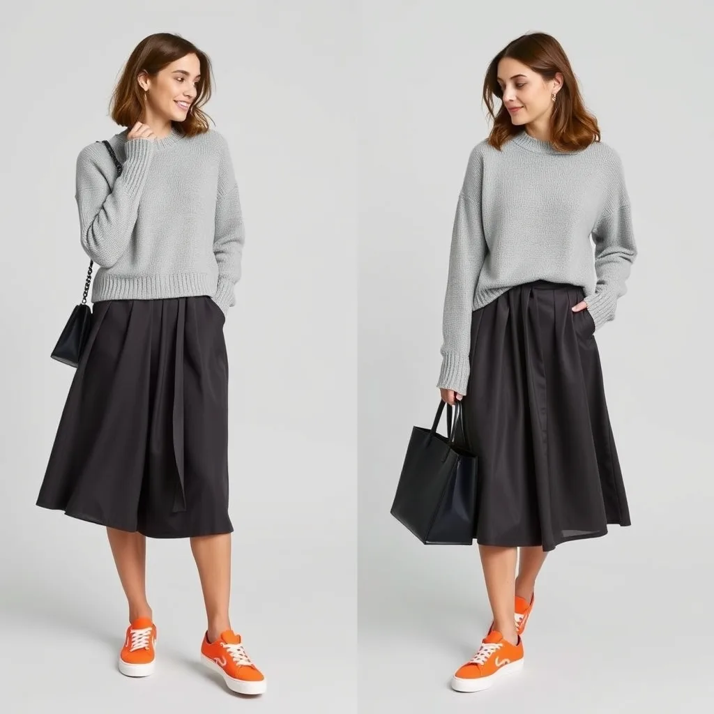 A woman is dressed in a charcoal grey midi skirt and a light grey sweater, paired with eye catching orange sneakers. The grey layers create a sophisticated base, allowing the footwear to stand out. The setting is a modern city street, reflecting a polished yet comfortable approach to daily style.