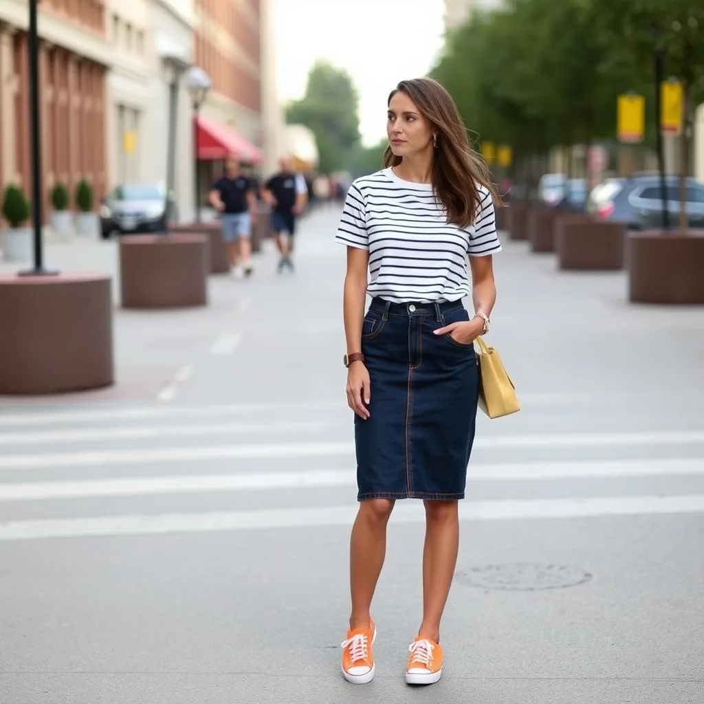 A woman is styled in a striped long sleeve shirt tucked into a dark wash denim skirt, paired with orange sneakers. The outfit combines classic patterns with bold footwear. The park setting provides a relaxed backdrop, highlighting the casual and approachable nature of the ensemble.