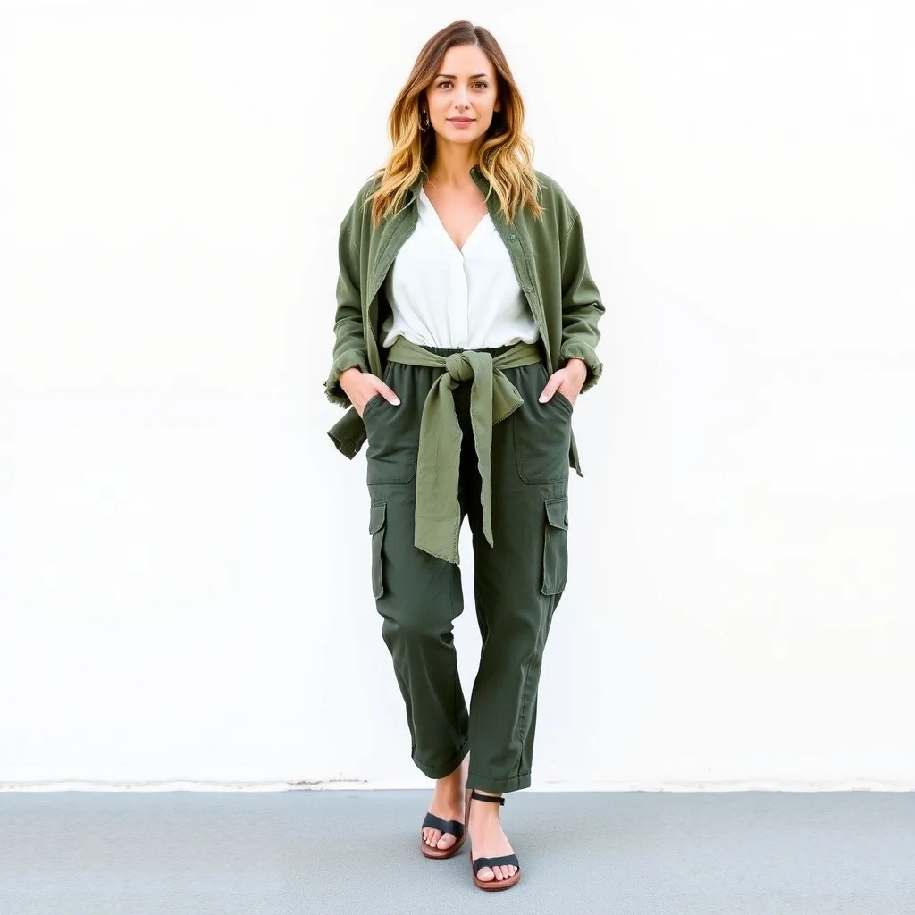 A pair of cargo pants modified with a fabric sash tie at the waist, creating a gathered paper bag effect for a more tailored and stylish look.