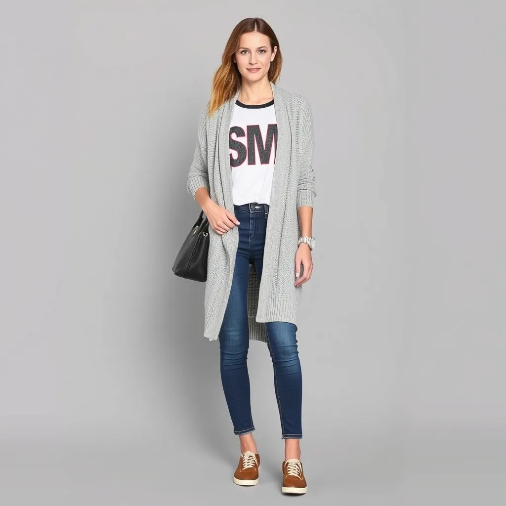 A person is wearing a graphic tee layered under a long, open knit cardigan. The soft texture of the cardigan complements the casual cotton shirt, creating a comfortable and approachable look. The length of the cardigan adds a nice vertical element, making the outfit feel cohesive and relaxed for daily wear.