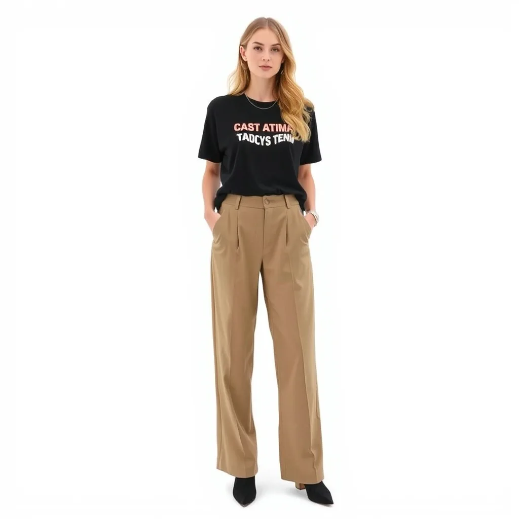 A person is styled in a graphic tee tucked into high waisted wide leg trousers. This combination creates a sophisticated, modern silhouette that is both comfortable and stylish. The wide leg cut of the pants balances the casual nature of the shirt, resulting in a look that feels polished and intentional.