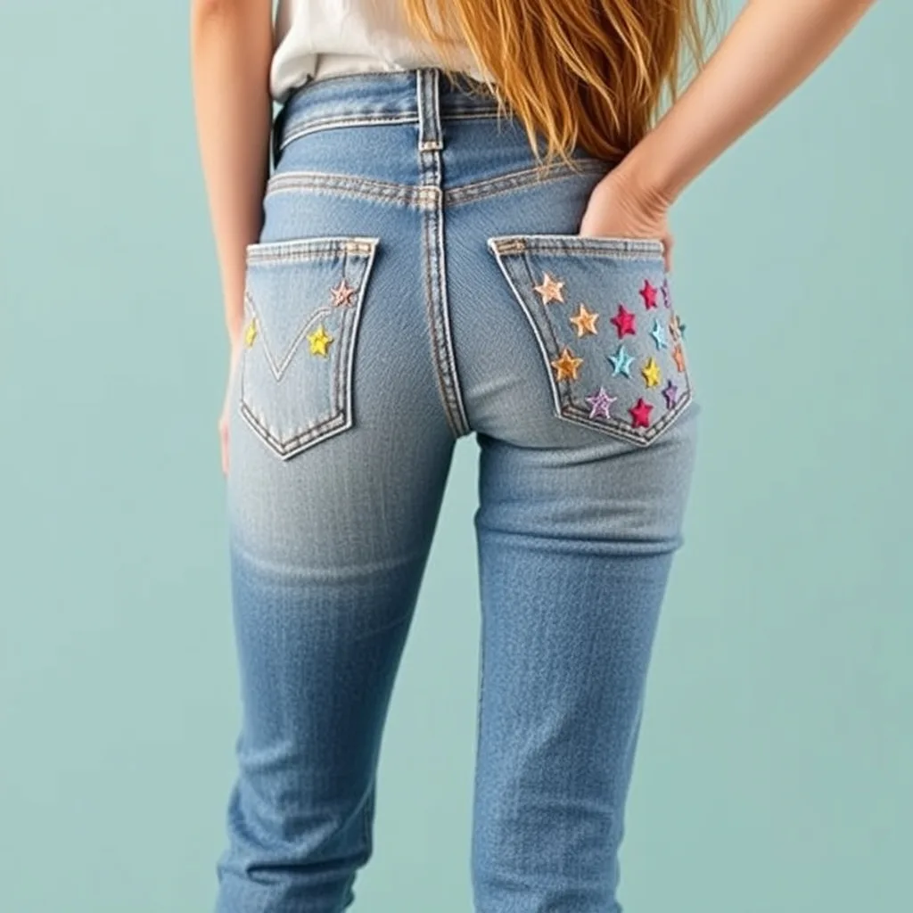 Hand embroidered stars on a denim pocket.