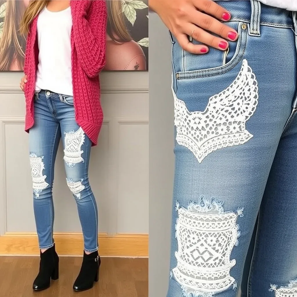 Lace fabric sewn onto a distressed area of denim jeans.