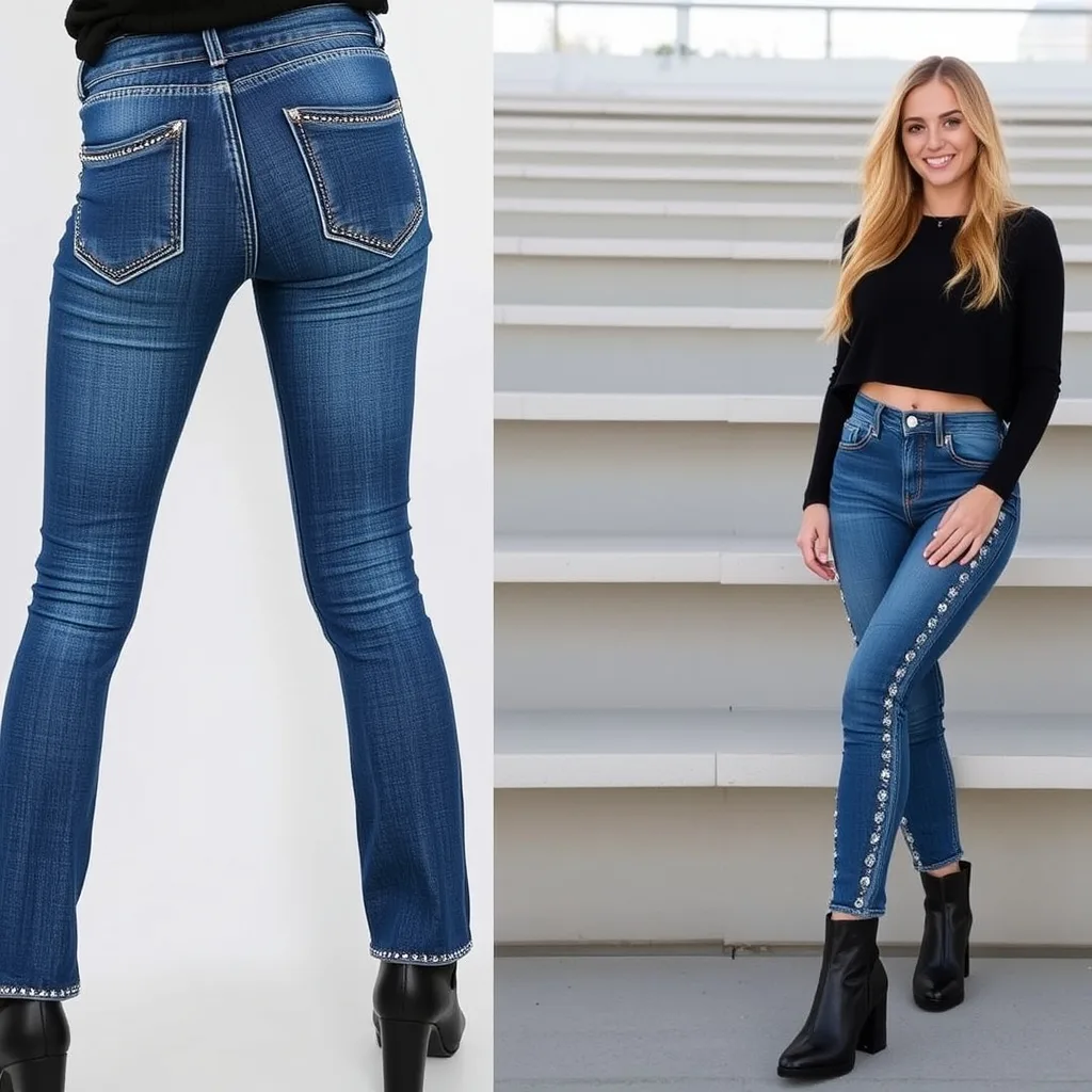 Individual rhinestones placed along the outer seam of blue denim jeans.
