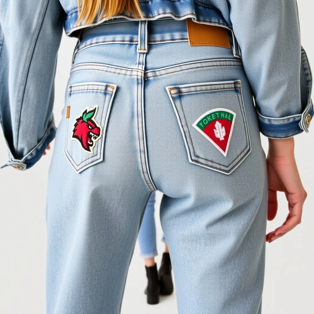 Denim jeans decorated with various school spirit patches on the pockets and legs.