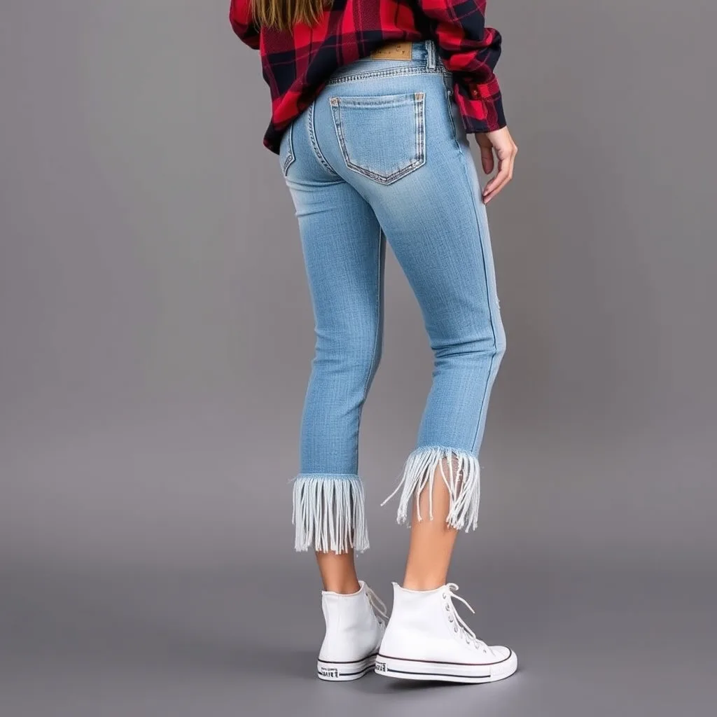 A close up of a frayed and distressed denim hemline.