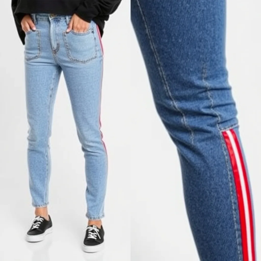 Denim jeans featuring ribbon stripes sewn down the outer leg.