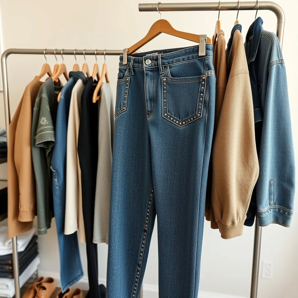 Metal studs attached to the pocket corners of denim jeans.