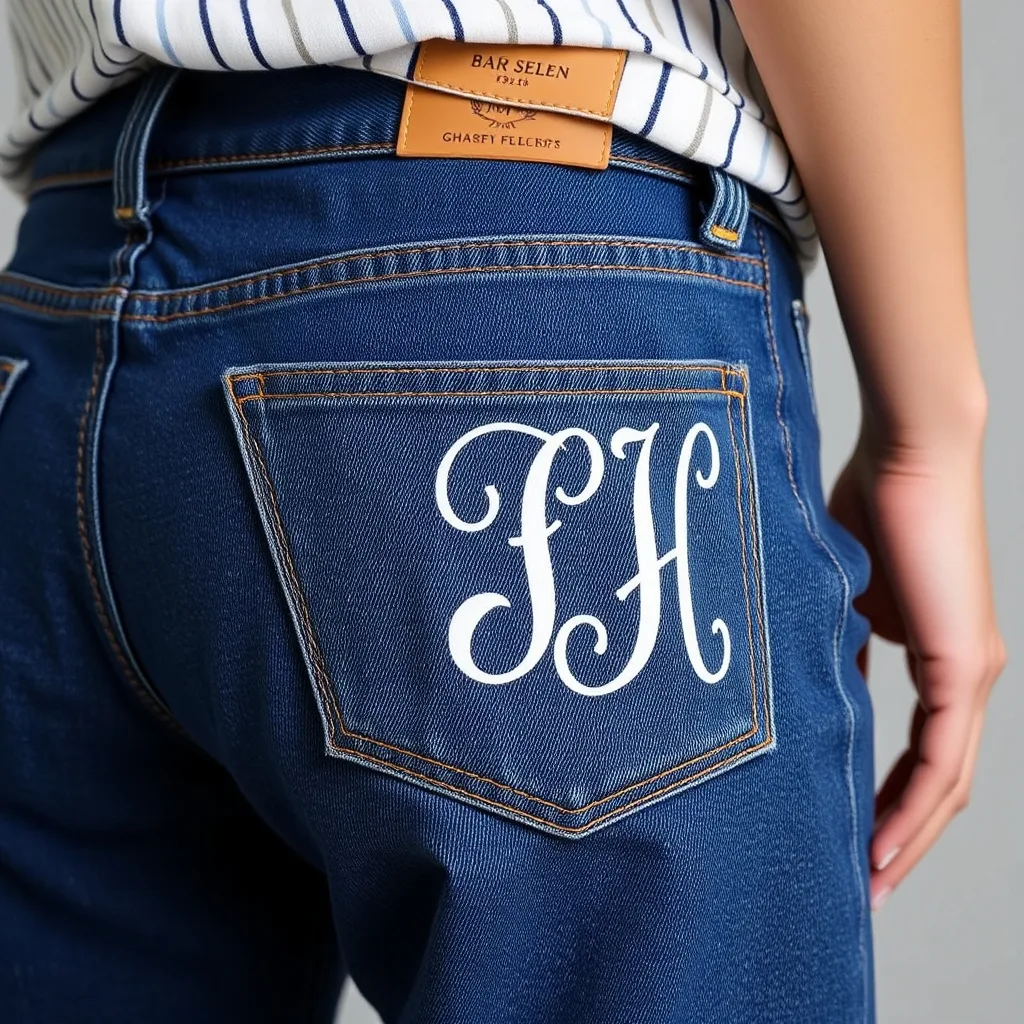 A close up of a denim shorts back pocket featuring a custom white monogram, adding a personal and bespoke touch to the garment.