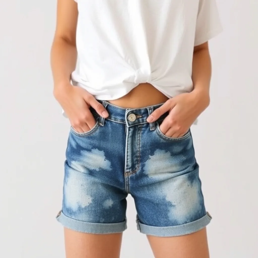 Light wash denim shorts featuring a soft, blended watercolor wash in shades of blue and lavender, creating a dreamy and artistic appearance on the fabric.