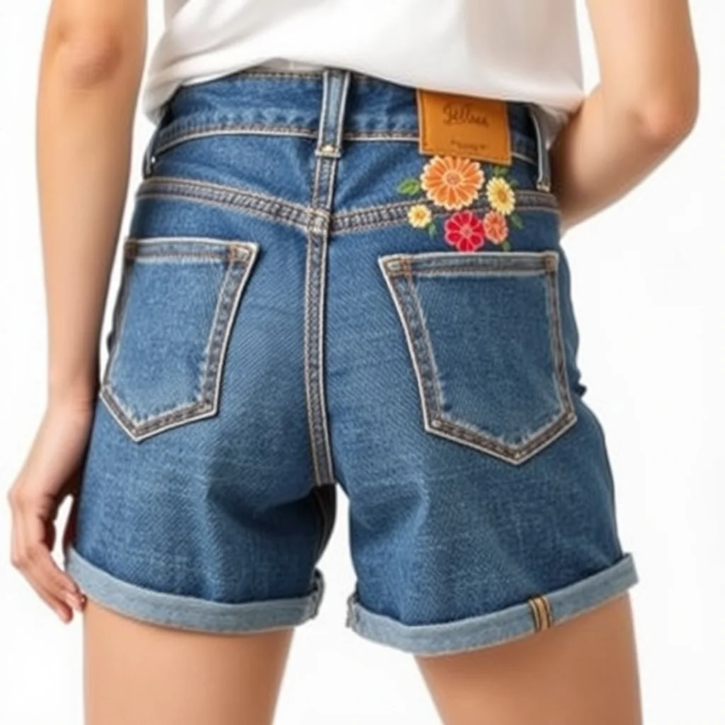 Denim shorts featuring detailed hand painted floral clusters in coral, yellow, and sage green along the waistband, mimicking the appearance of embroidery.