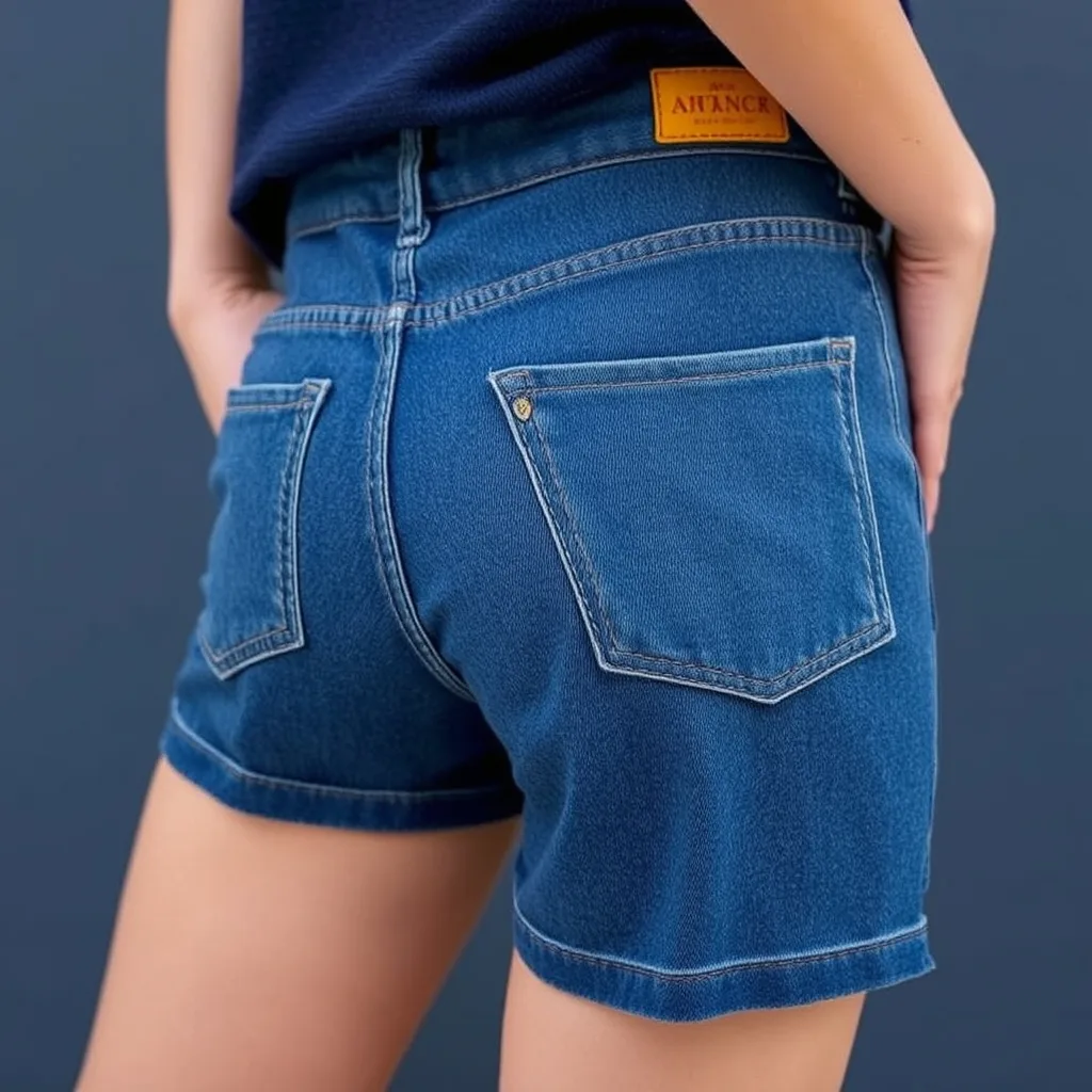 Medium wash denim shorts featuring subtle, monochromatic blue textured patterns applied with a stamp, creating a sophisticated and tonal appearance.