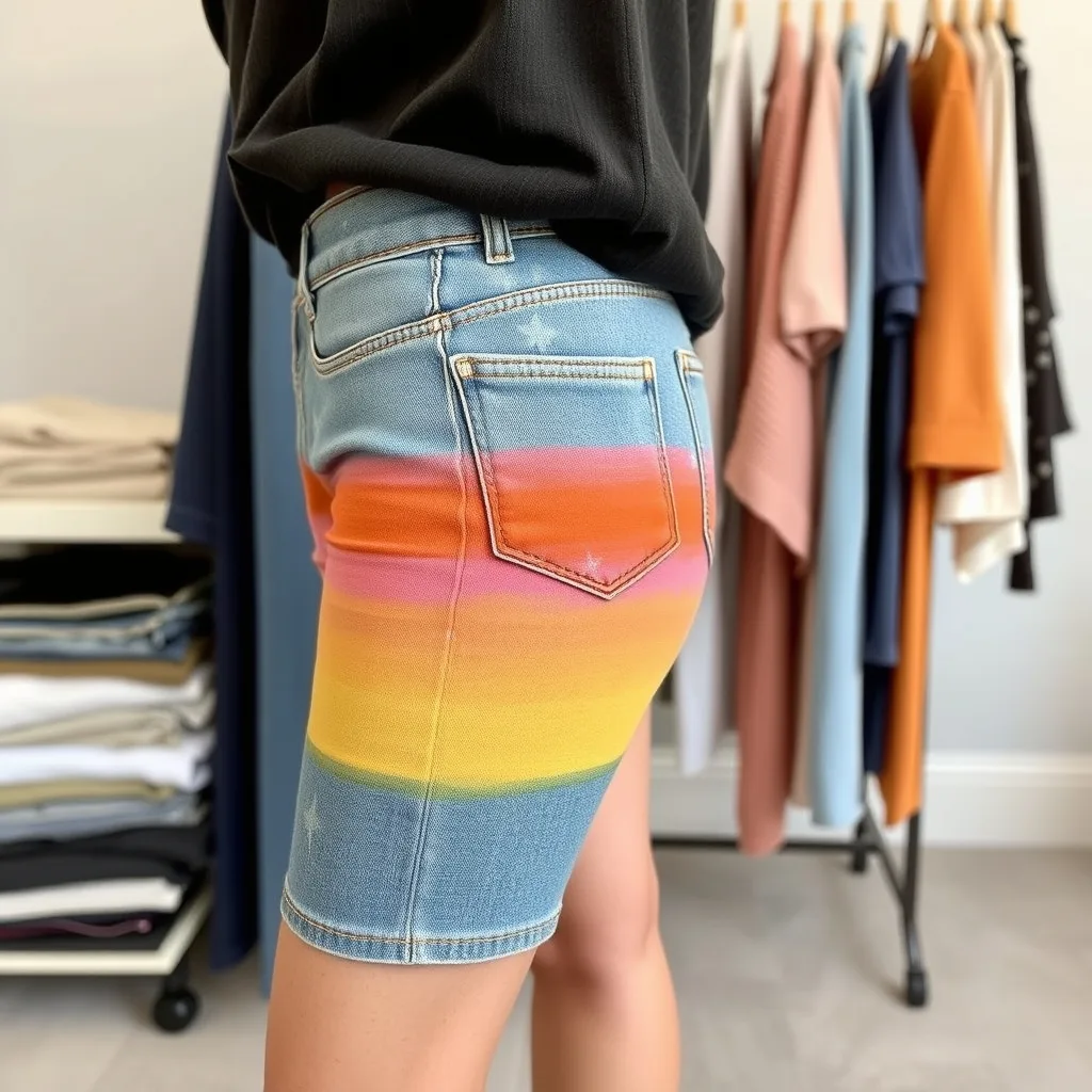 Denim shorts featuring a horizontal sunset gradient line in orange, pink, and yellow across the thigh, creating an organic and artistic look.