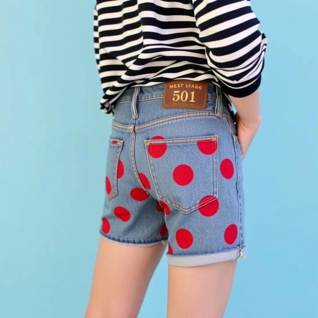 Denim shorts featuring uniform, bright red polka dots applied to the fabric, providing a playful and vintage inspired aesthetic.