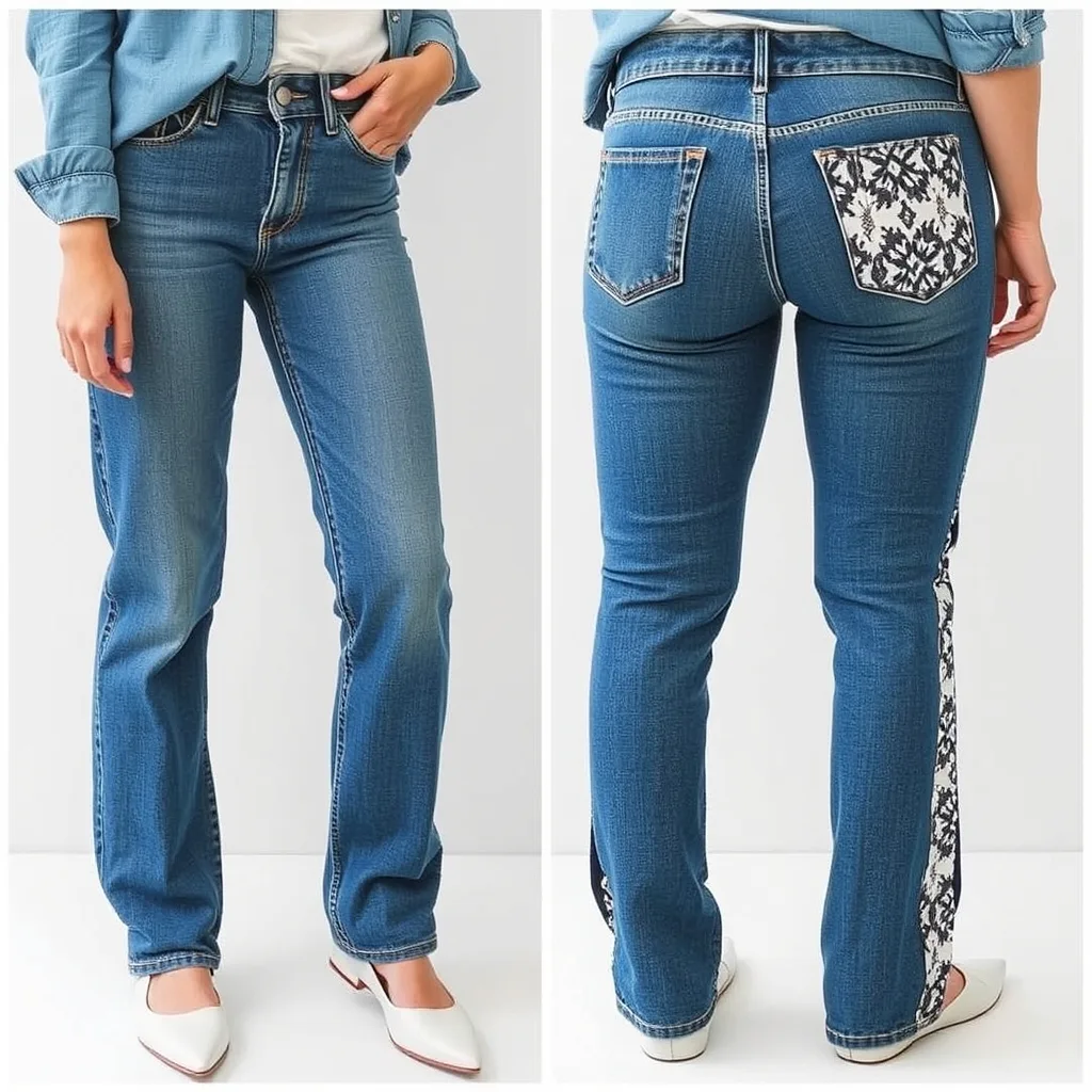 Denim jeans featuring a patterned fabric insert at the side seam.