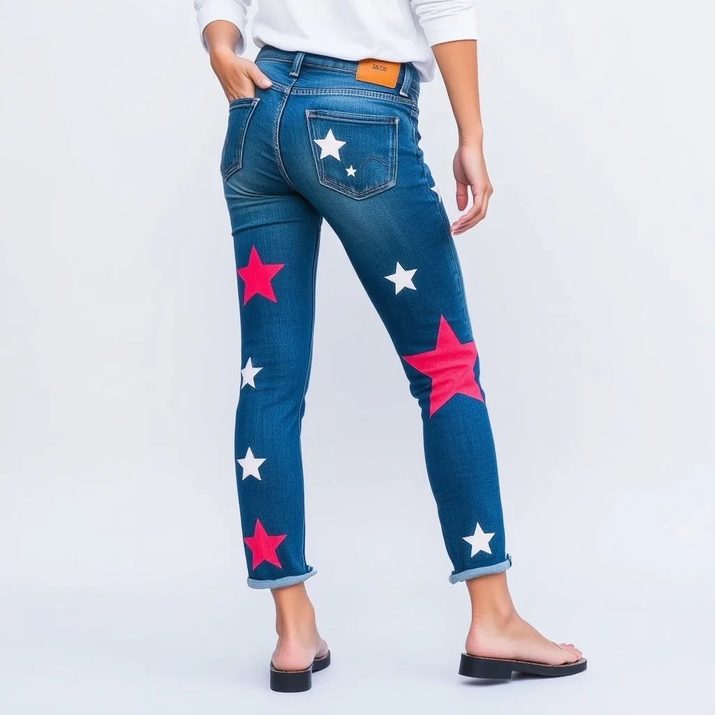 Jeans decorated with painted star patterns in school colors.