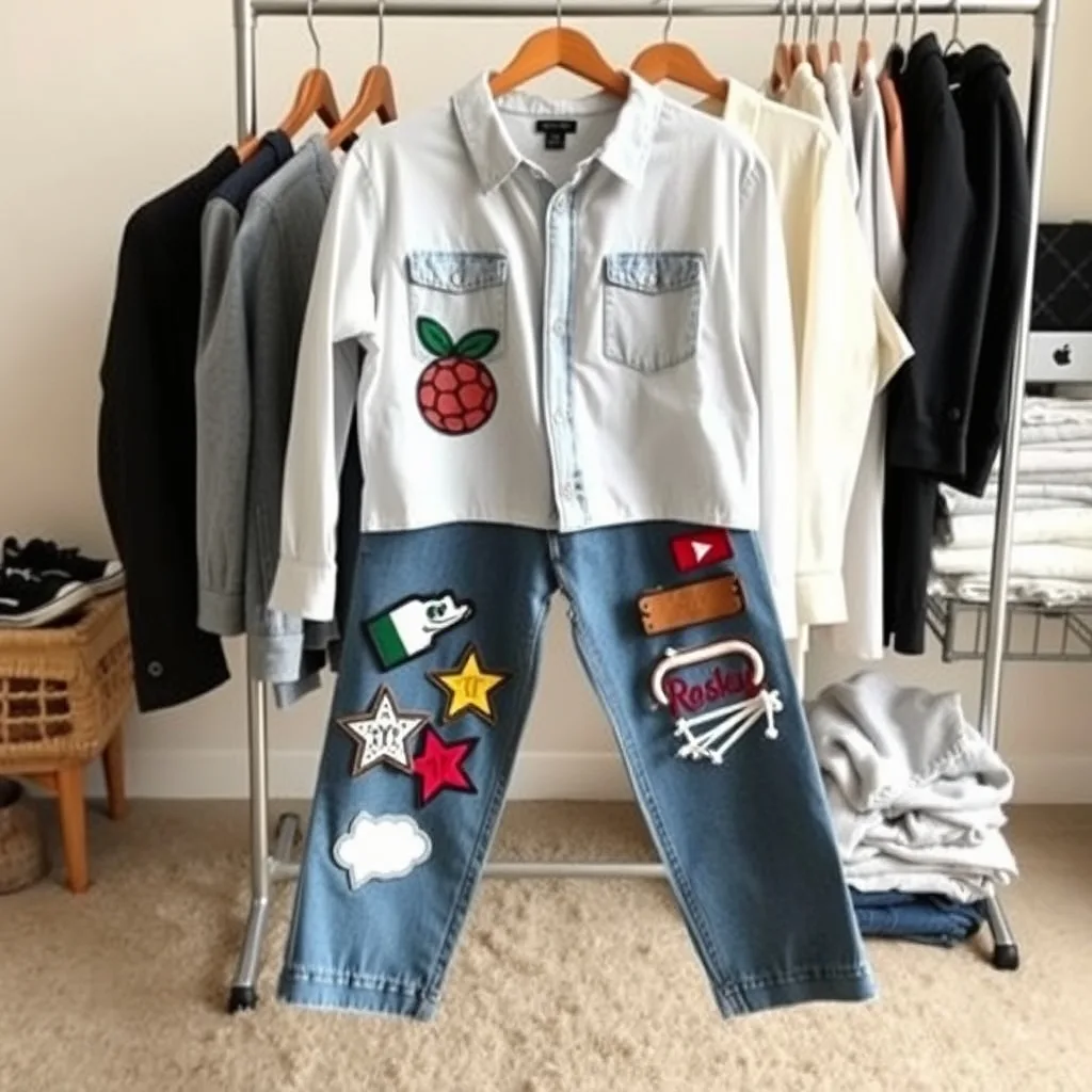 Denim jeans featuring a variety of colorful iron on patches.