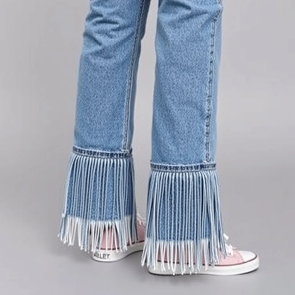 Close up view of a DIY frayed denim fringe hem.