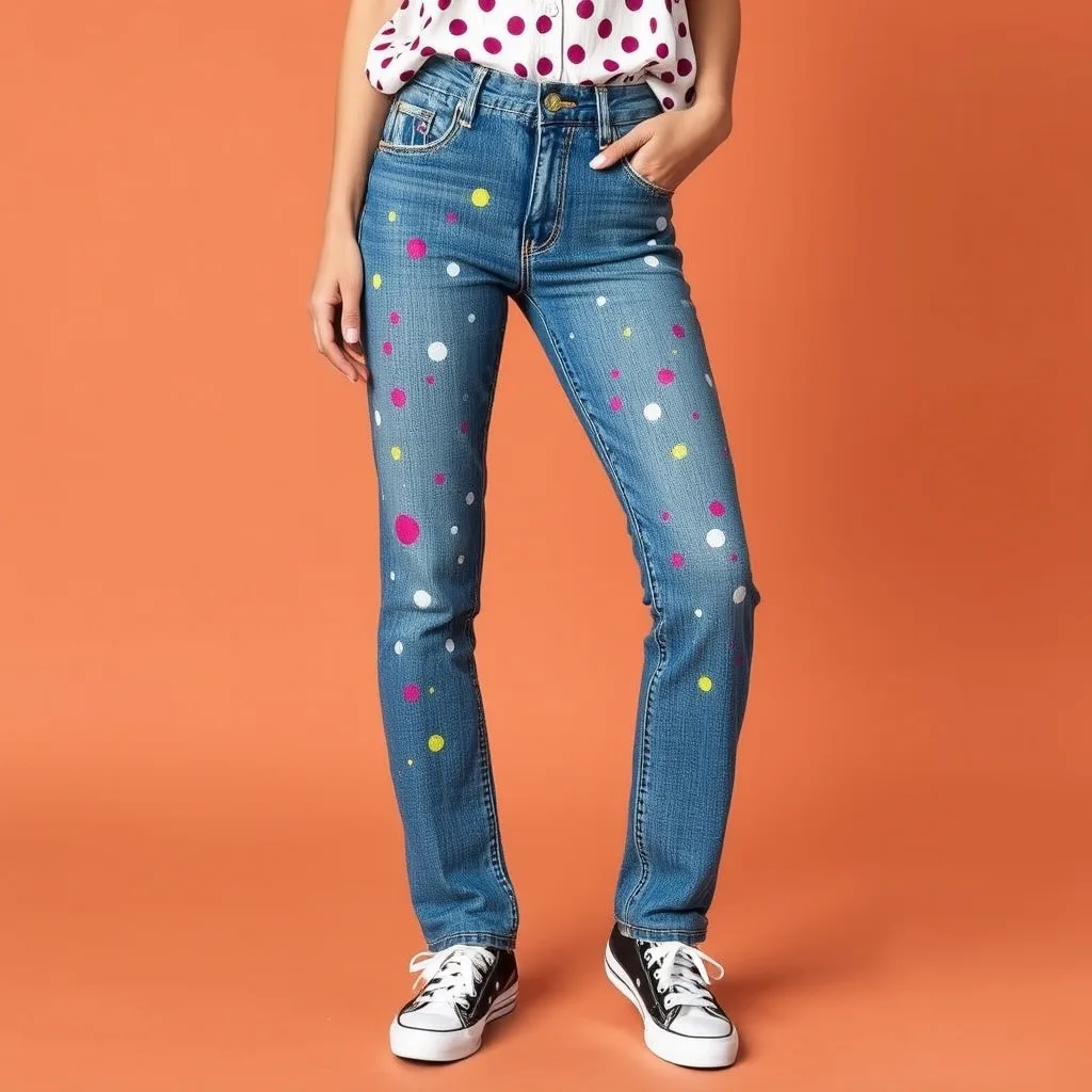 Denim jeans being customized with a paint splatter technique.