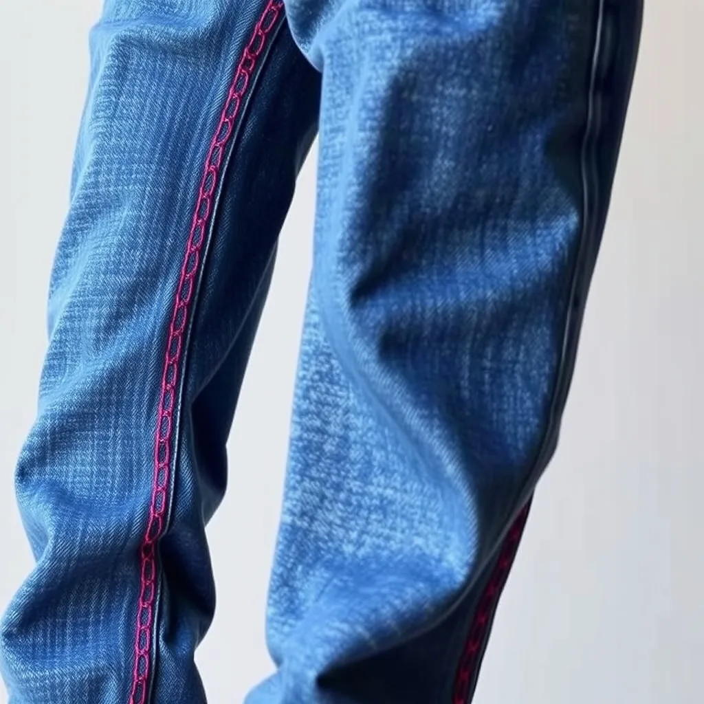 Detailed view of denim jeans featuring thick contrast stitching.