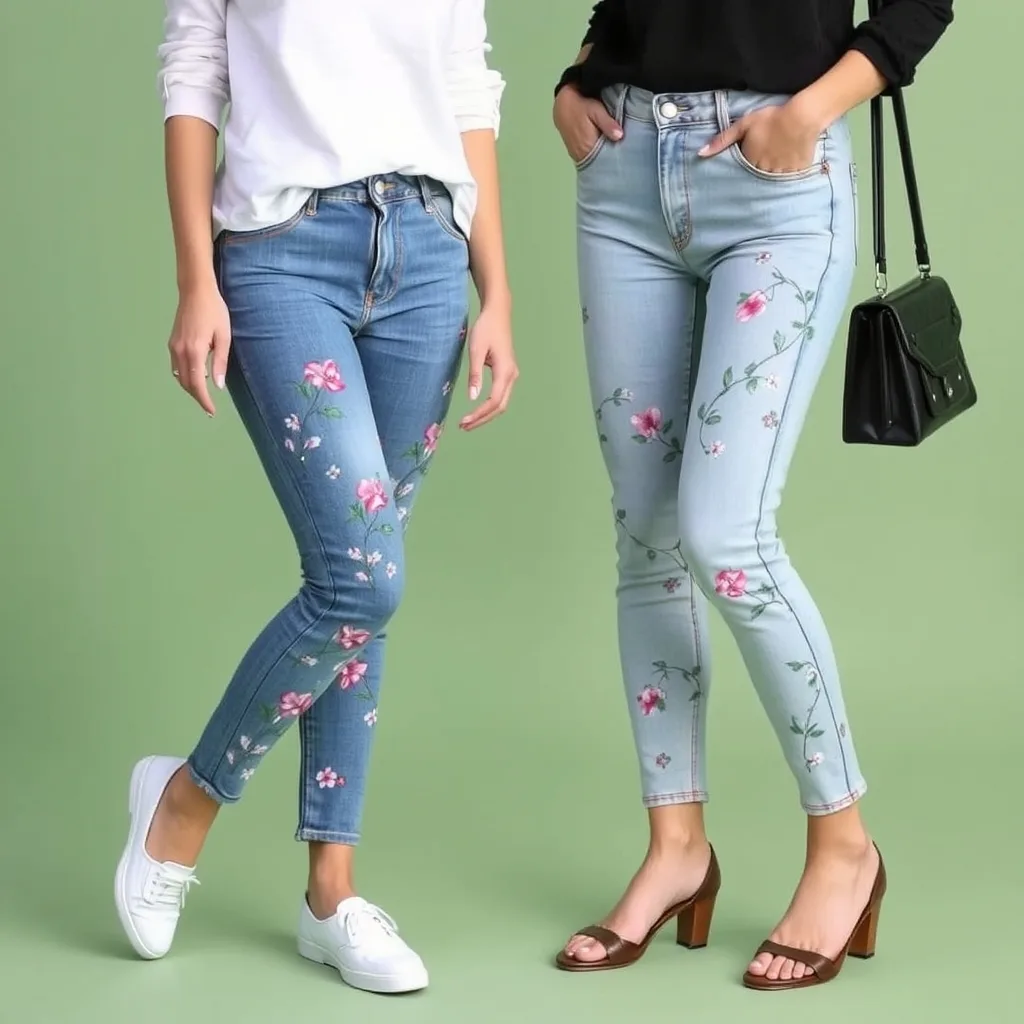 Blue jeans featuring hand painted floral vine designs.