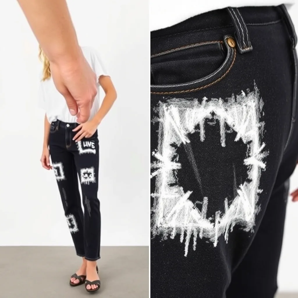 Dark denim jeans featuring a bleached geometric pattern.