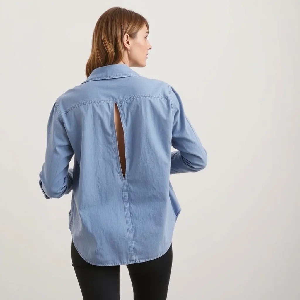 A woman wearing a button up shirt backwards with a partially buttoned back detail, paired with tailored trousers in a modern art gallery.