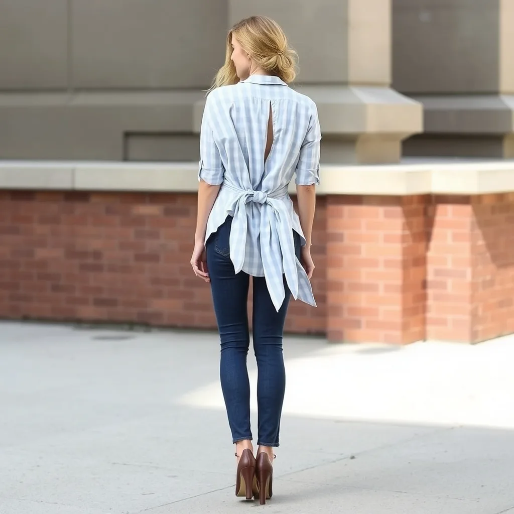 A woman seen from behind wearing a blue button up shirt repurposed into an open back wrap tied at the side, worn over a white camisole with slim fit jeans in a city park.