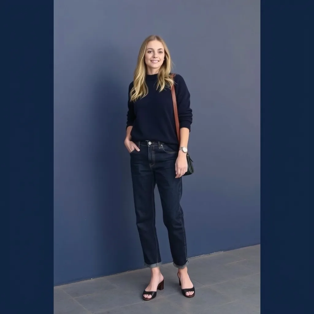 A person wearing a monochromatic navy blue outfit featuring baggy jeans. The matching colors create a long and cohesive silhouette.