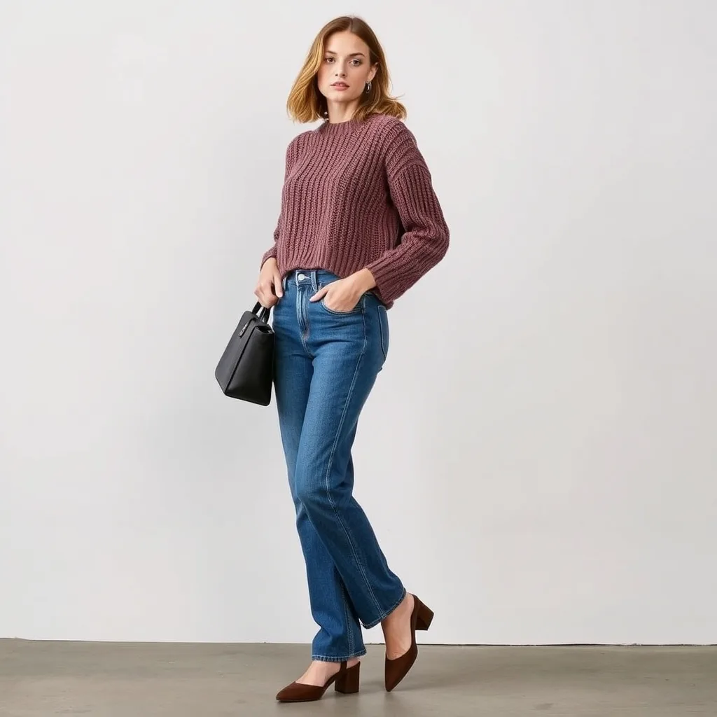 A person wearing a cropped cream knit sweater paired with baggy jeans. The cropped length of the sweater balances the wide denim silhouette.