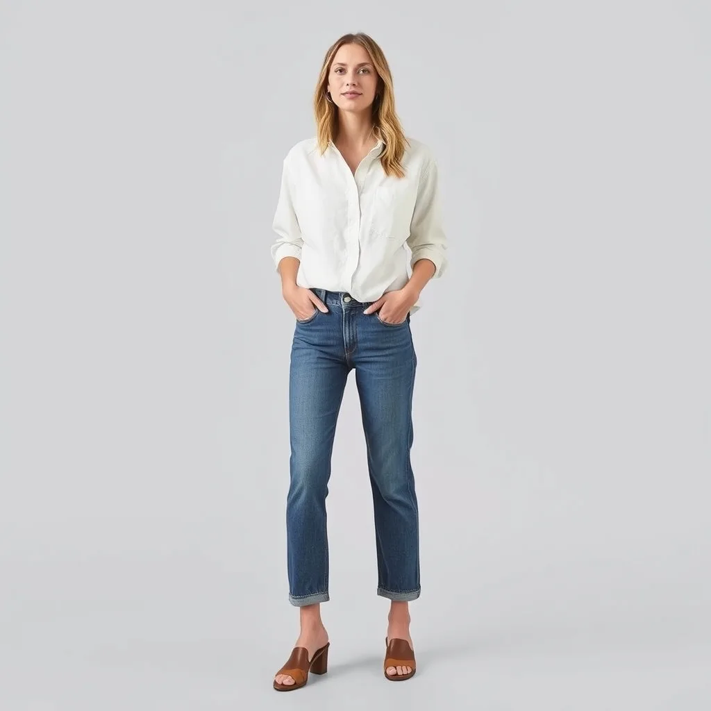 A person wearing a blue striped button down shirt tucked halfway into baggy jeans. The styling creates a relaxed yet intentional aesthetic.