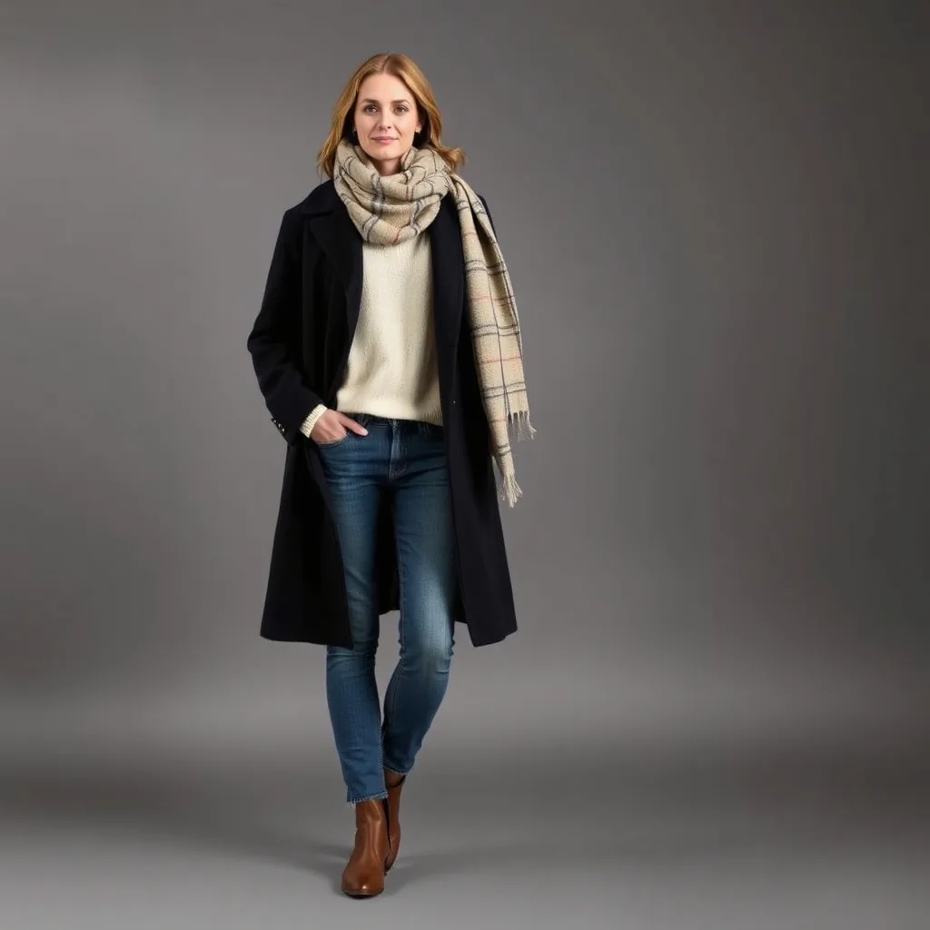 A woman is wrapped in a large oversized scarf layered over a long wool coat. The outfit is simple underneath, allowing the texture and scale of the scarf to become the focal point of the ensemble for cold weather.