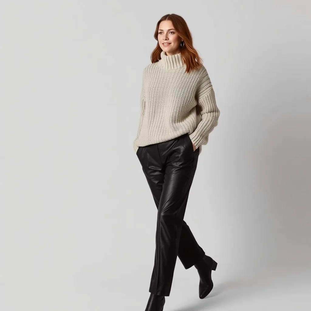 A woman wears a chunky cream knit sweater tucked into black leather trousers. The mix of soft wool and sleek leather creates a sophisticated texture contrast that is modern and suitable for a variety of evening social settings.