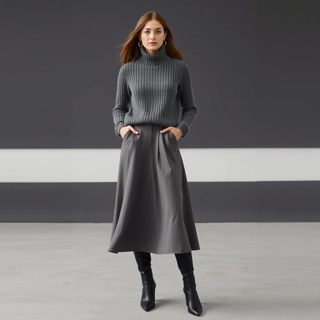 A woman wears a monochromatic cream ensemble consisting of a thick cable knit sweater tucked into a fluid midi skirt. The outfit is styled with matching leather boots, emphasizing texture and a cohesive color palette that feels sophisticated for evening outings.