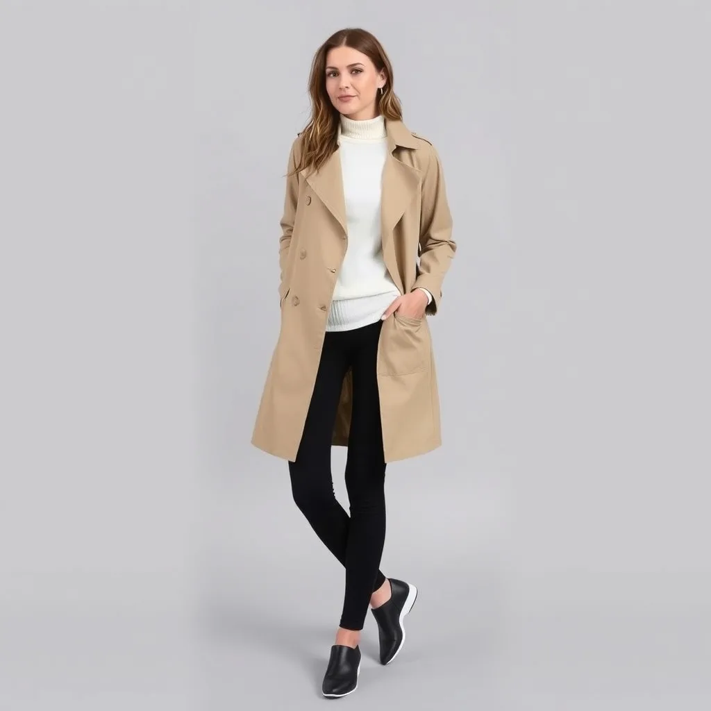 A woman moves through an autumn park wearing a crisp tan trench coat layered over black leggings and a fitted base layer. The look is paired with sleek ankle boots, offering a practical yet stylish solution for active days in the city.