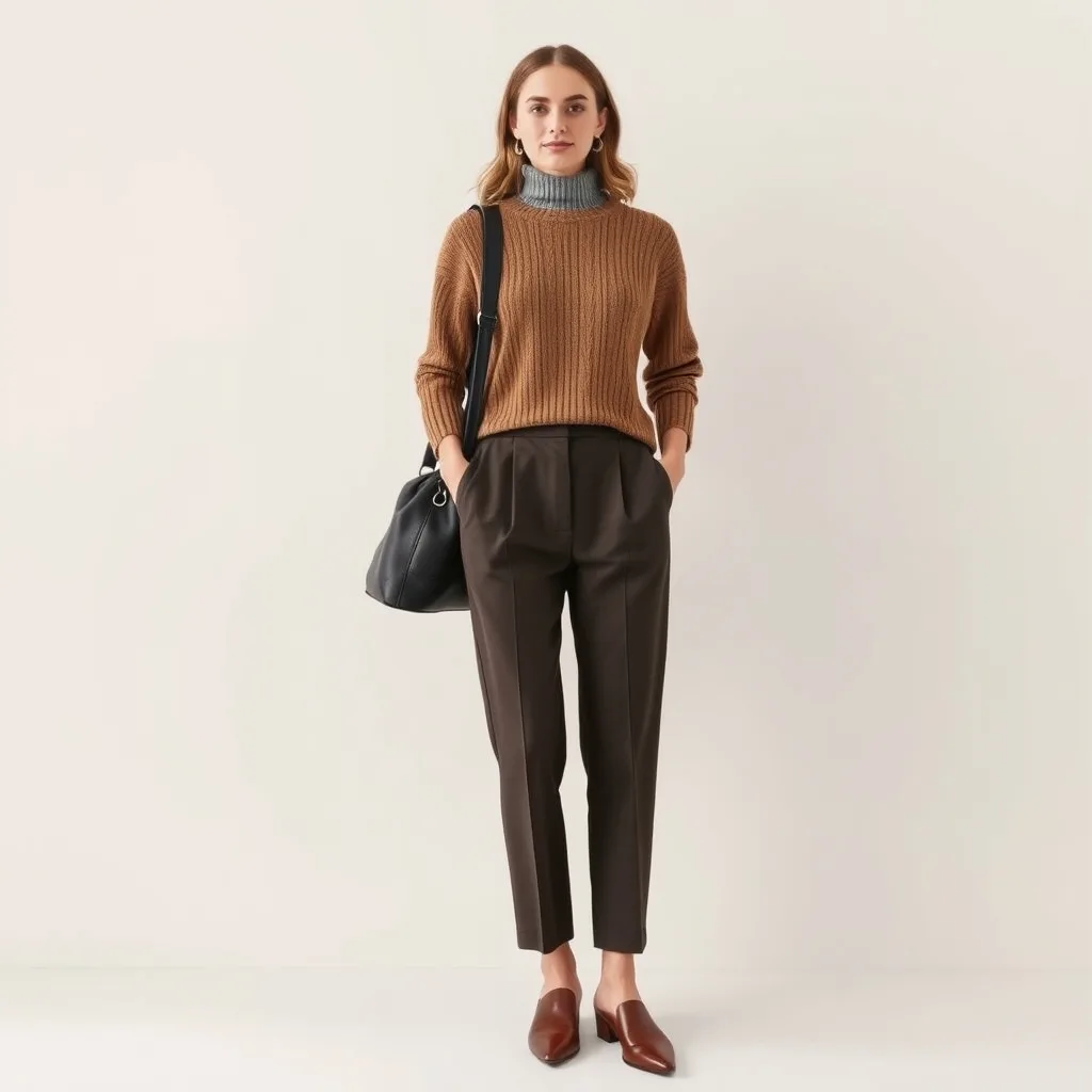 A woman wears a cropped camel colored sweater paired with high rise tailored trousers. The proportions create a clean waistline, while the neutral color palette feels professional and polished for a workplace environment in the fall.