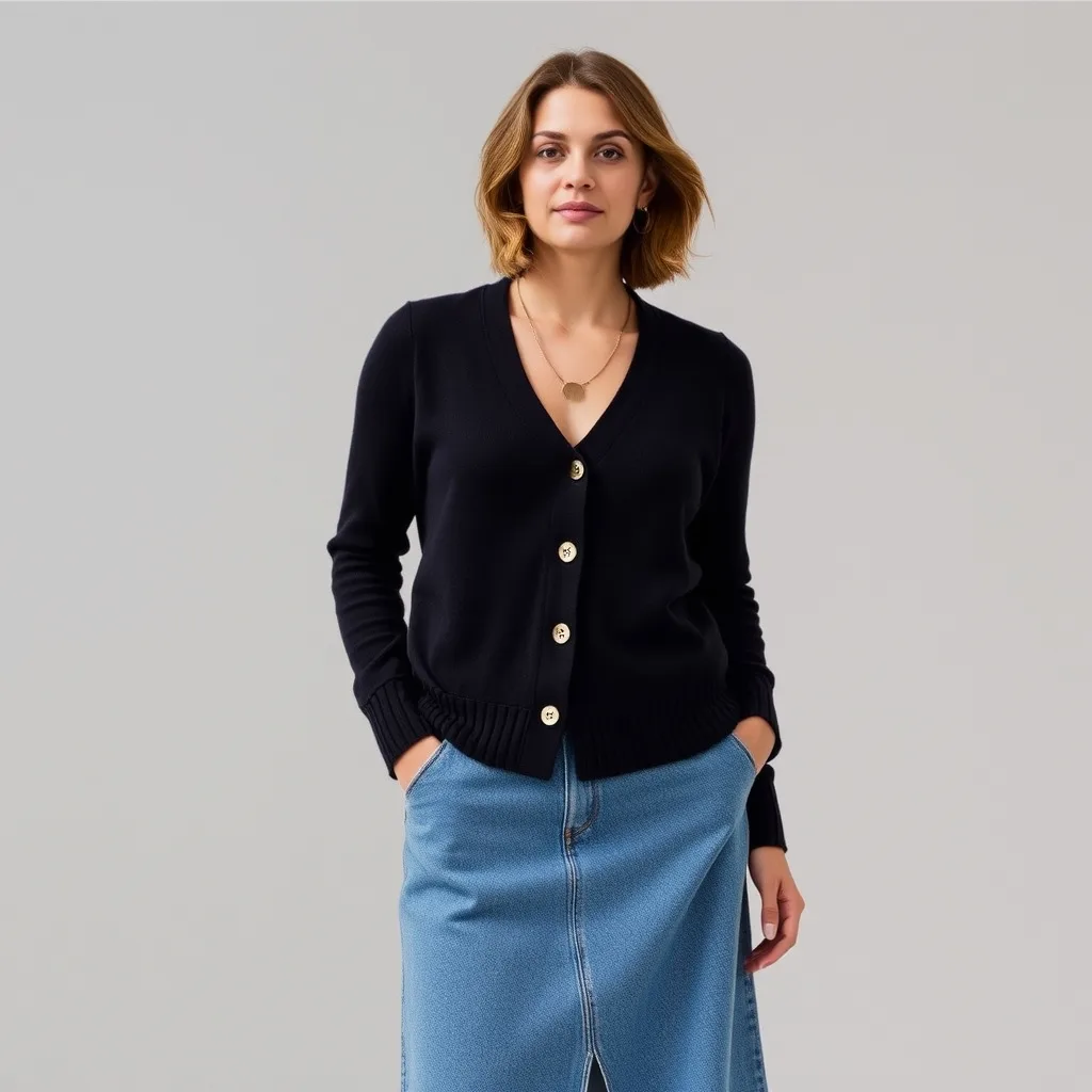 A woman wears a fitted grey cardigan buttoned fully to the neck, styled as a top with dark wash jeans. The look is simple and clean, highlighting the versatility of a basic knit piece when styled in a modern way.