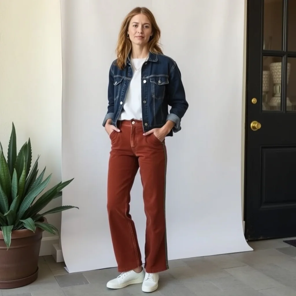 A woman wears a classic denim jacket paired with brown corduroy trousers. The textures of the denim and the corduroy complement each other, creating a rugged and practical outfit suited for outdoor autumn excursions.