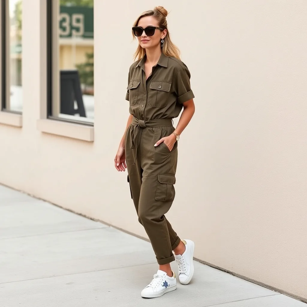 A woman wearing a utility jumpsuit and distressed sneakers.