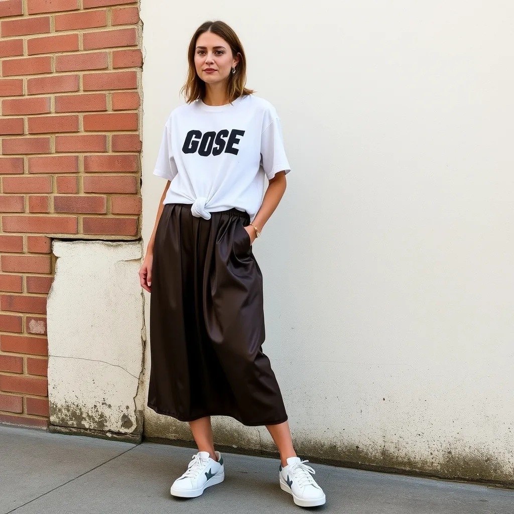 A woman wearing a satin midi skirt and a graphic tee with distressed sneakers.