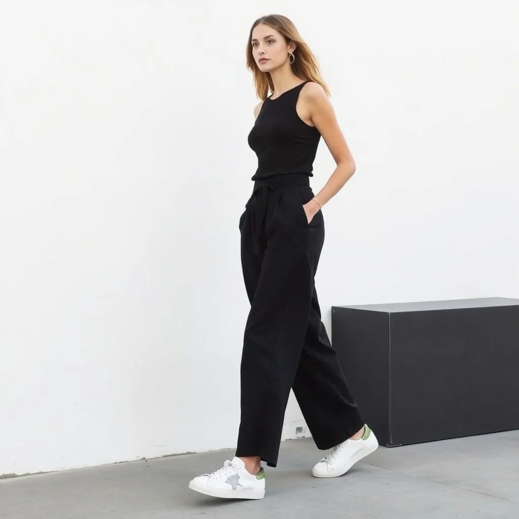 A woman wearing wide leg trousers and a tank top with distressed sneakers.