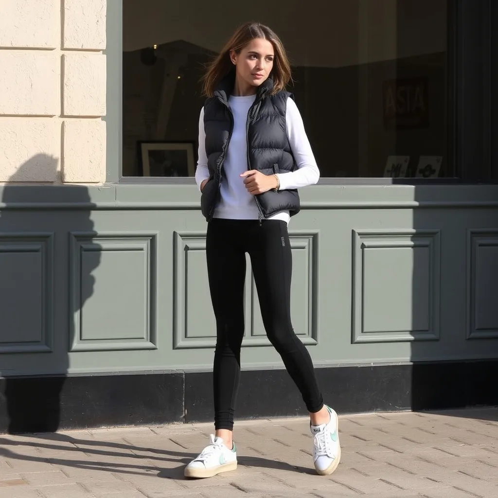 A woman wearing a puffer vest and leggings with distressed sneakers.