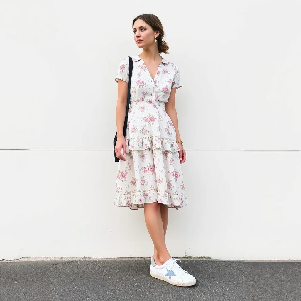 A woman wearing a floral tea dress paired with distressed sneakers.