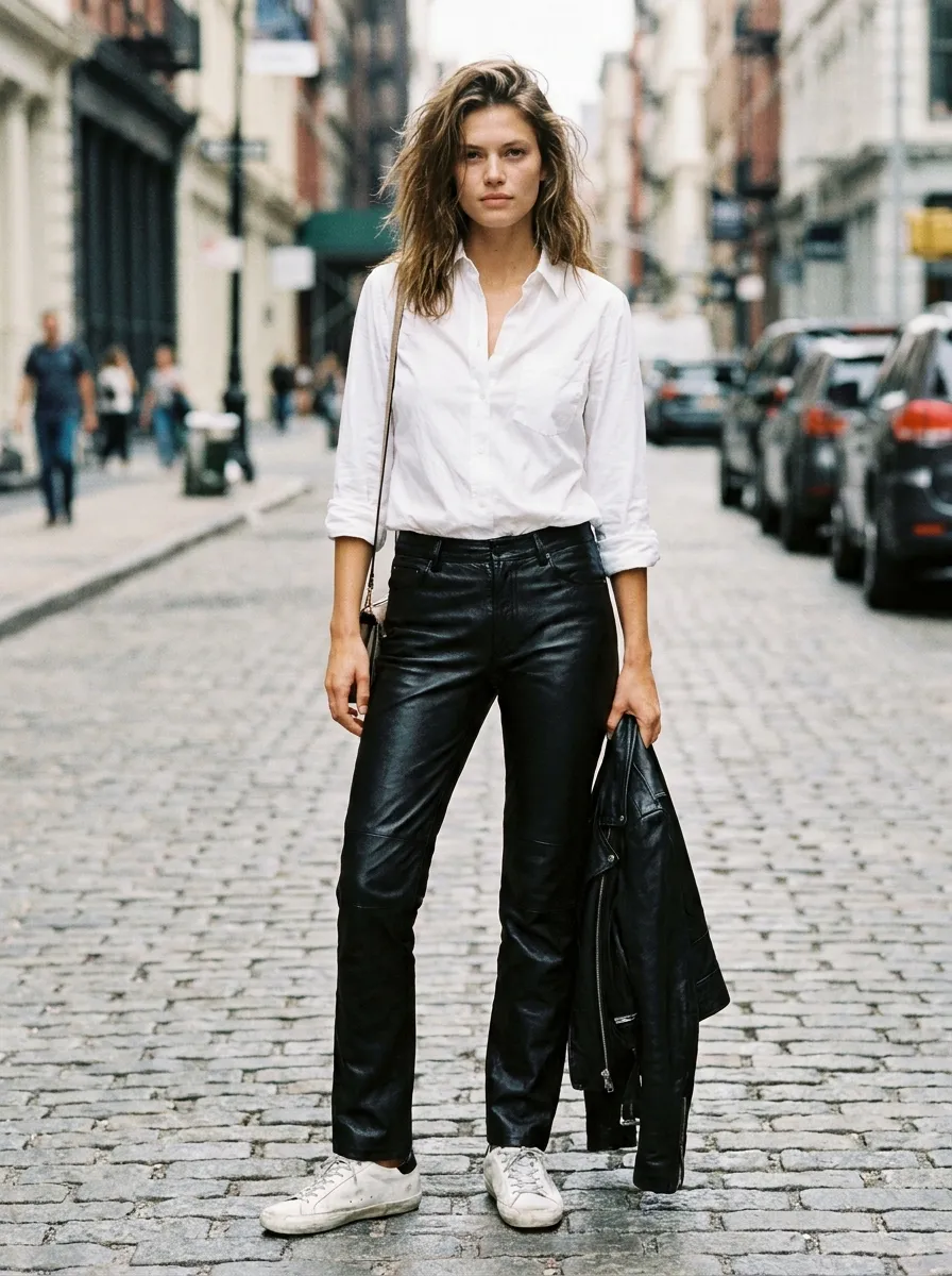 Leather Trousers and Crisp Button Down